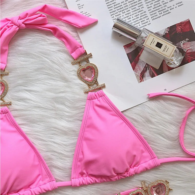 Heidi-Mode | Pink Sexy Bikinis Schwimmbekleidung mit Herz Strass Damen Bademode Female Push-Up Bikini Strand Bademode Badeanzüge Pool Badebekleidung