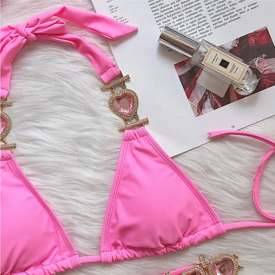 Heidi-Mode | Pink Sexy Bikinis Schwimmbekleidung mit Herz Strass Damen Bademode Female Push-Up Bikini Strand Bademode Badeanzüge Pool Badebekleidung