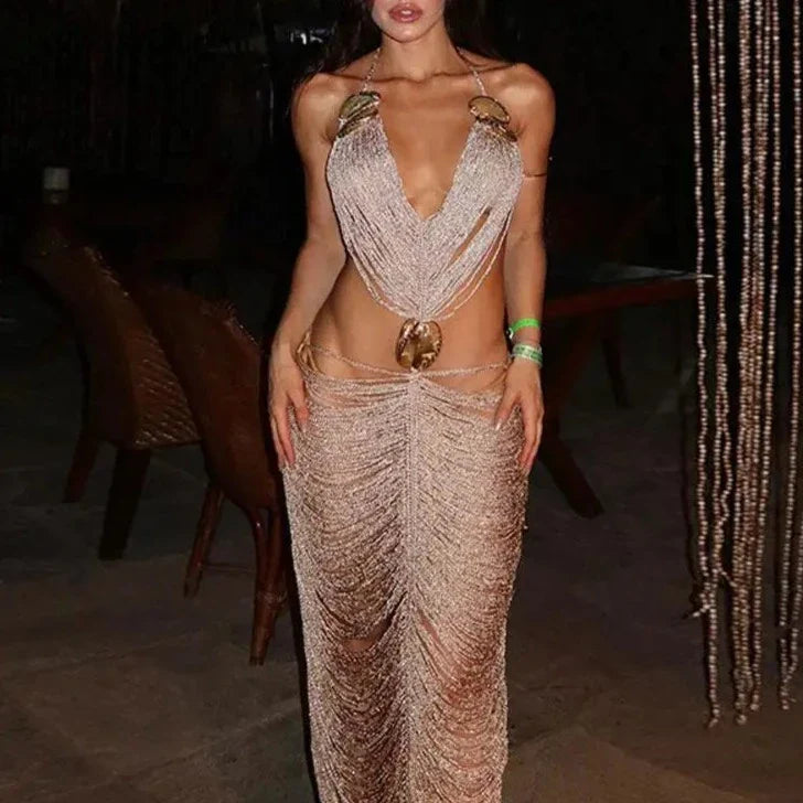 Heidi-Mode | Quasten Spaghetti-Träger Statement Maxi Kleid