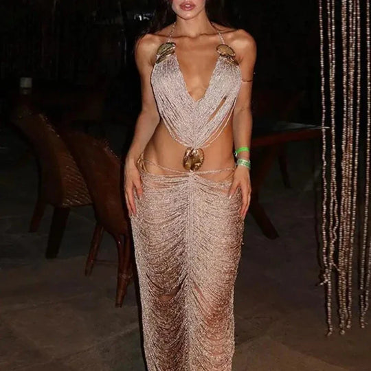 Heidi-Mode | Quasten Spaghetti-Träger Statement Maxi Kleid