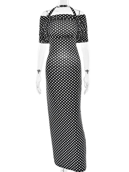 Heidi-Mode | Off Shoulder Polka Dot Maxi Kleid für Frauen Gown Fashion Halter Ärmellos Rückenfrei Bodycon Schlitz Lang Kleid Elegant