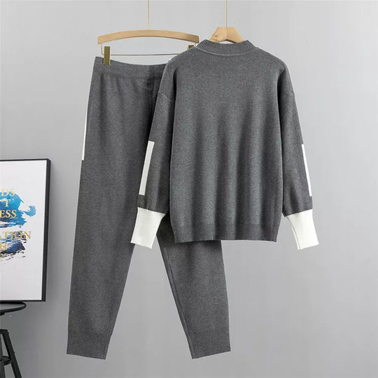 Heidi-Mode - Lässiges Herbst Strick Patchwork Oberteil und Hosen Set für Frauen