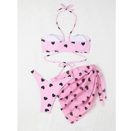 Heidi-Mode | Frauen 3Er Pack Herzprint Bikini Set mit Rock Bandeau Bademode Tanga Bademode Strandbekleidung Push-Up Bikinis Badeanzug