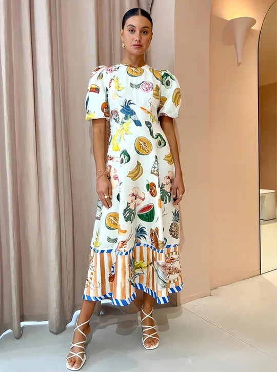 Heidi-Mode | Ferien Strand Stil Obst Maxi Kleider Neu Sommer Trendy und Einzigartig Graffiti Druck Bodycon Vielseitig Kleid für Damen