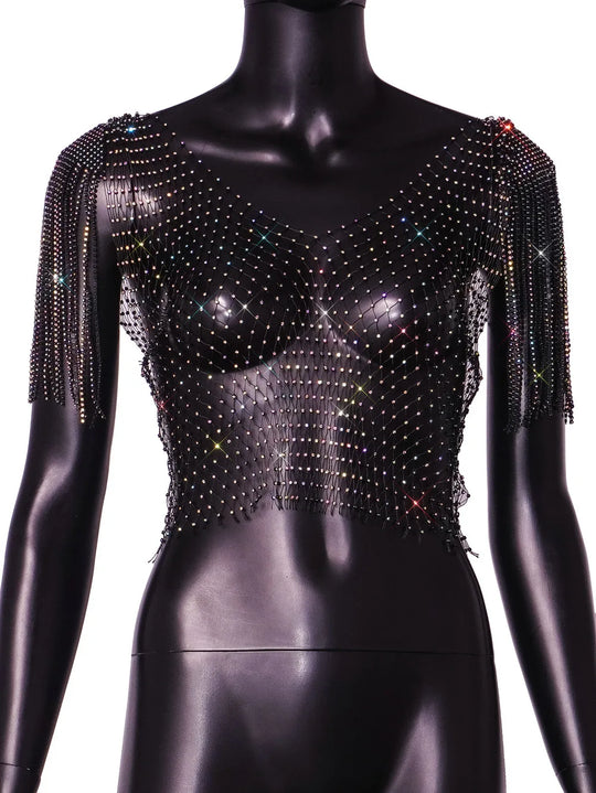 Heidi-Mode | Damen Sexy V-Ausschnitt Strass Kurz Crop Top Bling Kristall Fransen Schulter Dekor Diamant Fischernetz Shirt