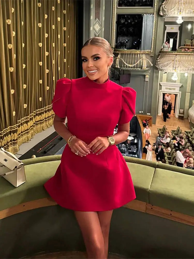 Heidi-Mode | Fashion Rote Schleife Mini Kleid Kurzarm Frauen Polster Schulter Kleider Rückenfrei Hohl aus Damen Sommer Chic A-Linie Festkleider