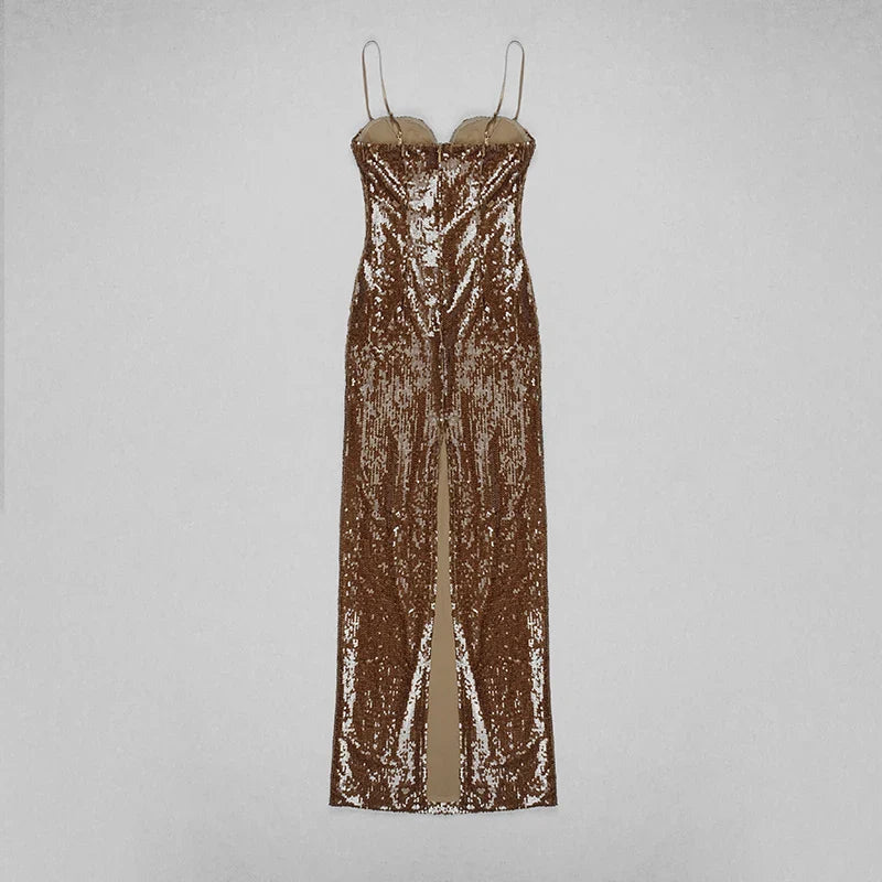 Heidi-Mode | Braunes Pailletten Trägerloses Maxikleid