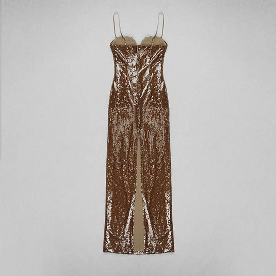 Heidi-Mode | Braunes Pailletten Trägerloses Maxikleid