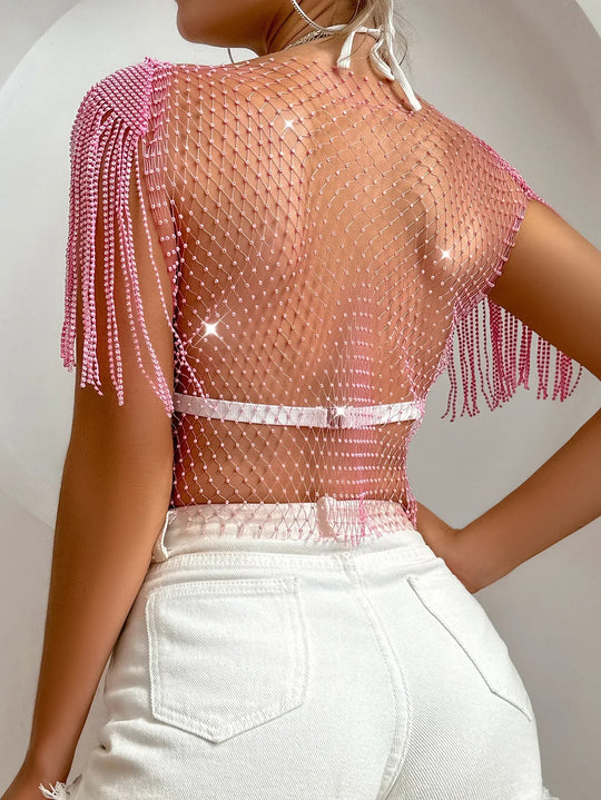 Heidi-Mode | Damen Sexy V-Ausschnitt Strass Kurz Crop Top Bling Kristall Fransen Schulter Dekor Diamant Fischernetz Shirt