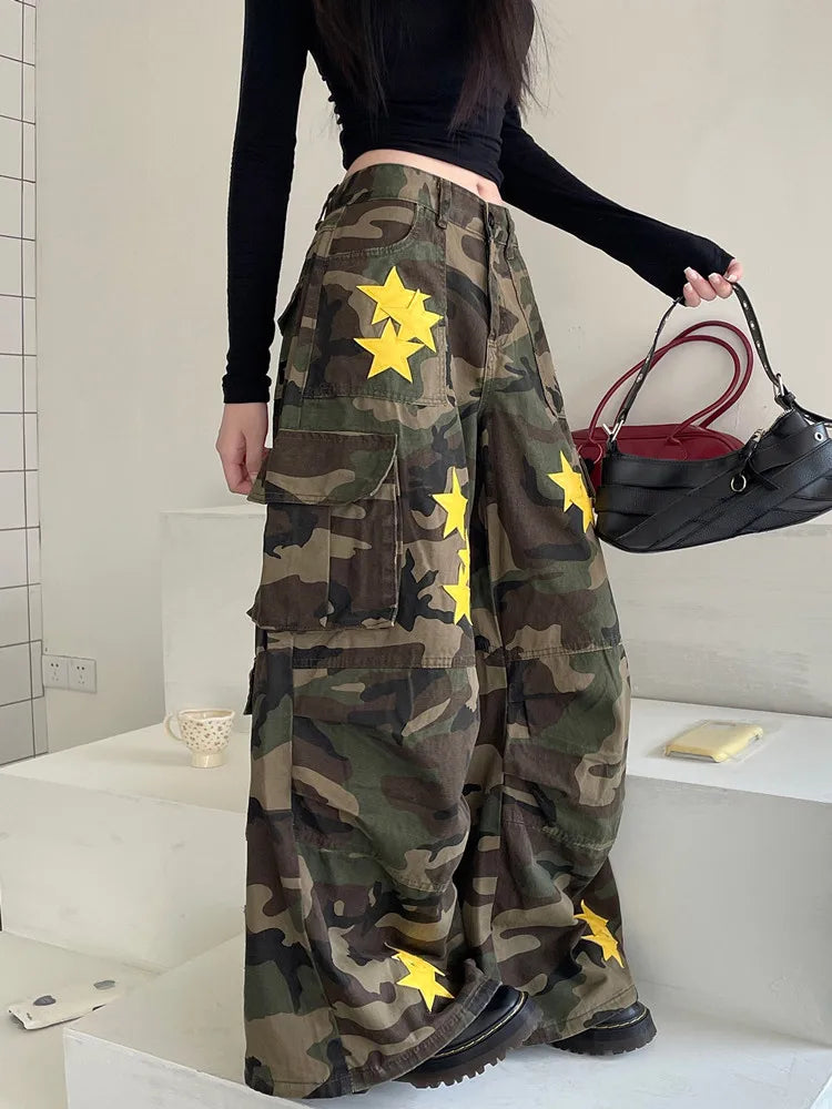 Heidi-Mode | Y2K Kleidung Frau Stern Stickerei Camouflage Baggy Jeans Cargo Hosen für Frauen Kleidung Breite Bein Damen Neu Rock Lange Hosen