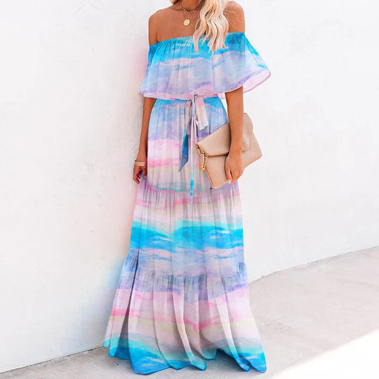 Heidi-Mode | Mehrfarbig Bohemian Rüsch Off Shoulder Selbst Gürtelt Festkleid Baumwolle Tunika Frauen Boho Maxi Kleider Vestidos A324