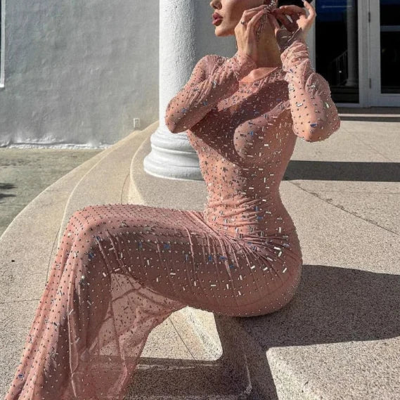 Heidi-Mode | Sheer Mesh Split Sparkle Strass Maxi Kleid mit langen Ärmeln für den besonderen Anlass