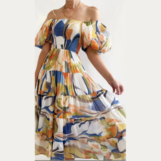 the-shoulder, gestreepte maxi-jurk met bloemenpatroon