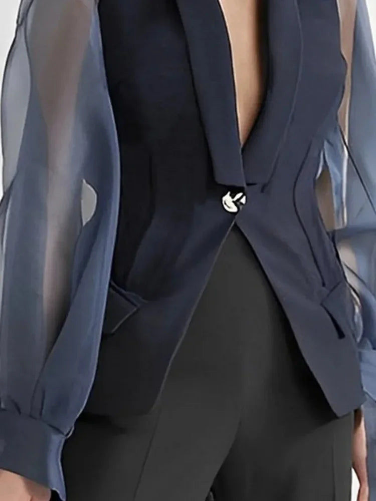Heidi-Mode | Bonboho Blaue Jacke Anzugtop für Frauen Revers V-Ausschnitt Puffärmel Geknöpfte Bluse & Bluse für Urban Feminine Frühling und Sommer Tops