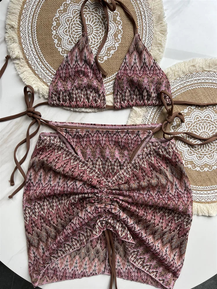 Heidi-Mode | Damen Schwimmbekleidung Farbige Ahornblätter Gestrickter Bikini Rock Dreiteiliges Set Geschnittene Schwimmbekleidung Bikini