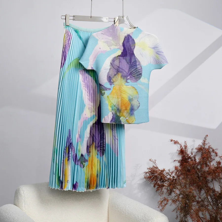 Heidi-Mode | Miyake Plissee Neue Mais Falten Blume Bedruckt Kurzarm T-Shirt und Mode A-Linie Plissee Lange Rock Set Zweiteilig Anzug Sommer