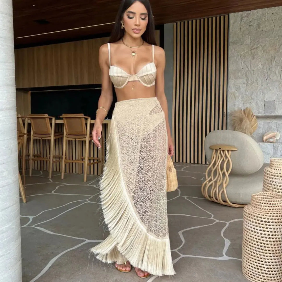Heidi-Mode | 3 Stücke Fransen Bikini Set Frauen Strand Strick Rock Anzug Hohes Fenster Sexy Transparent Fest Streetwear Sommer Outfit