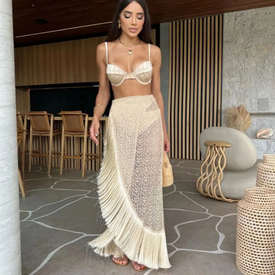 Heidi-Mode | 3 Stücke Fransen Bikini Set Frauen Strand Strick Rock Anzug Hohes Fenster Sexy Transparent Fest Streetwear Sommer Outfit