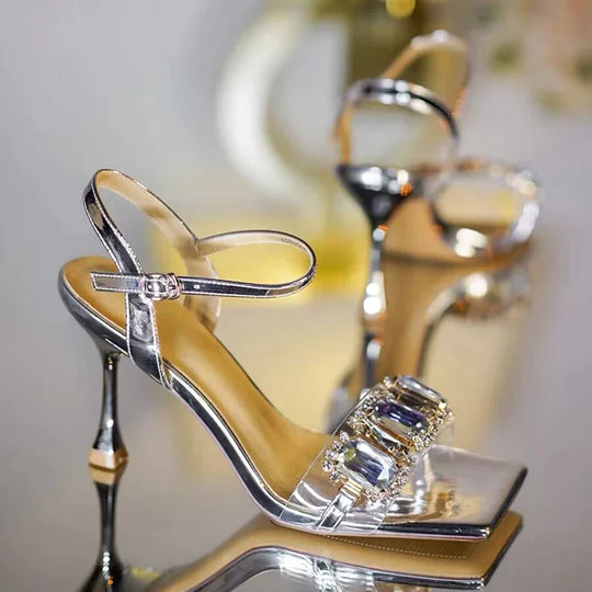 Heidi-Mode | Gold Silber Hohe Absätze Sandalen Frauen Sommer Quadratische Zehe Glänzende Kristall Sandalen Frauen Knöchellaschen Dünner Absatz Fest Pumps Schuhe