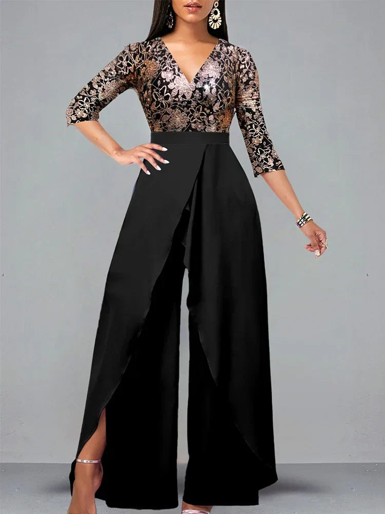 Heidi-Mode | Set Outfit Neu Vergoldet Blumen V-Ausschnitt Locker Passend Jumpsuit aus Einem Modischen Lässigen Stück für Frauen Elegante Frau