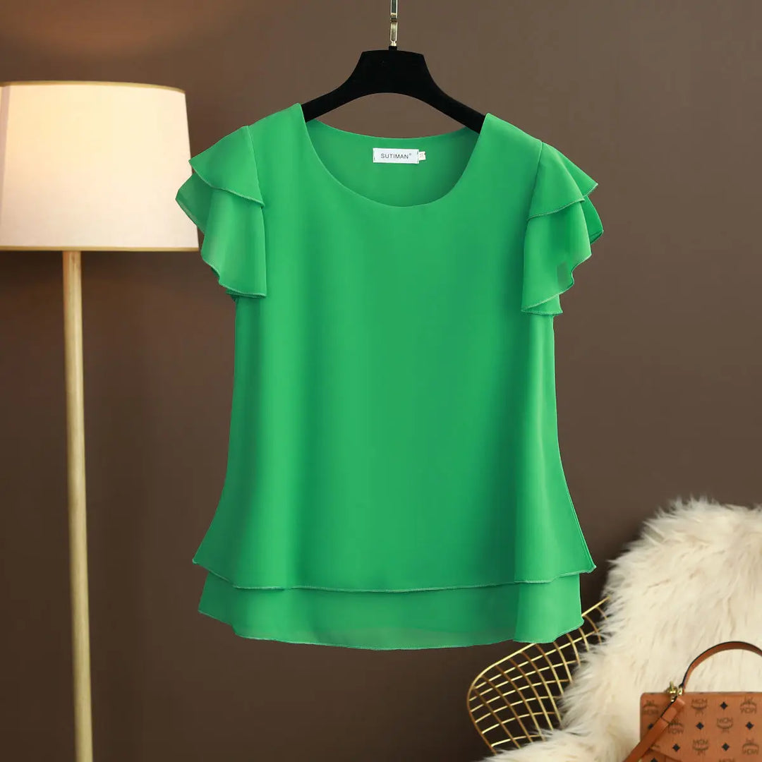 Heidi-Mode | Chiffon Bluse mit O-Ausschnitt und Kurzen Ärmeln