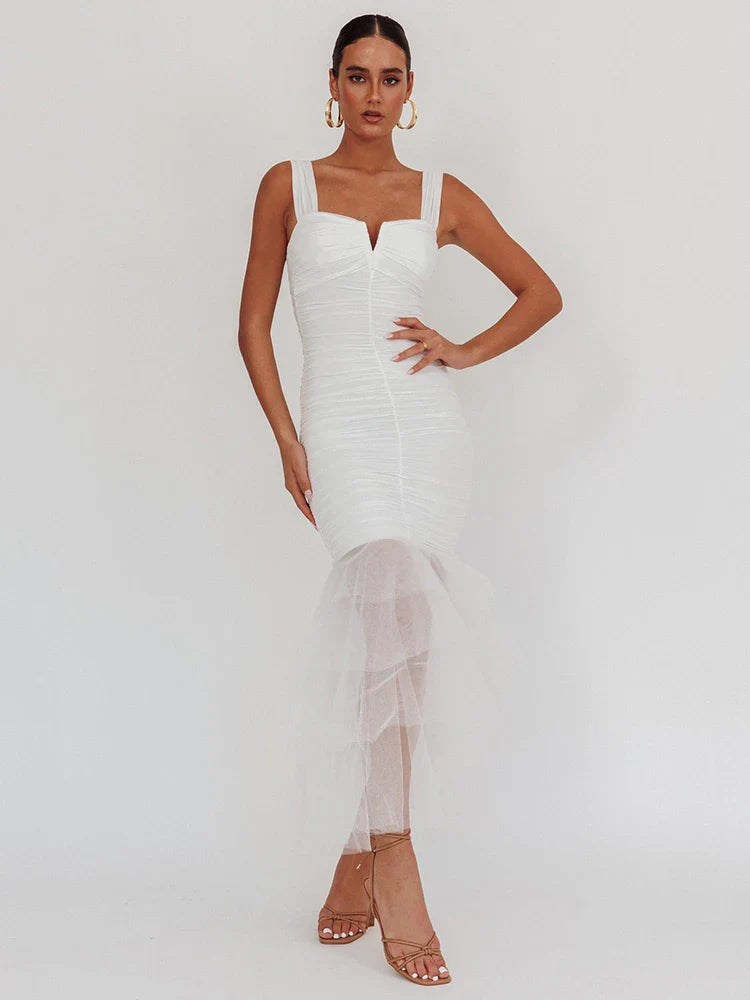 Heidi-Mode | Mesh Rückenfreies Sexy Maxikleid für Frauen Gown mit Lagen Spaghetti-Trägern Ärmellos Gerafftes Bodycon Club Party Kleid