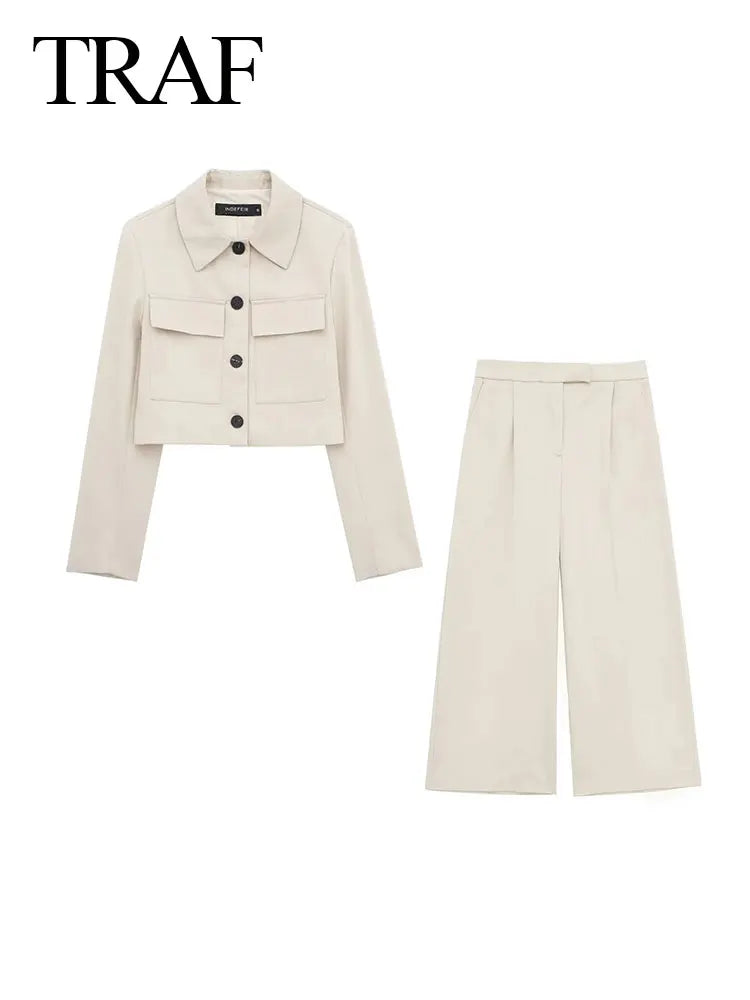 Heidi-Mode | Frühling Frauenmode Beige Blau Jacke Anzug Ein-Knopf Jacke Frauen Hohe Taille Lässige Baggy Hosen 2 Teilig Set