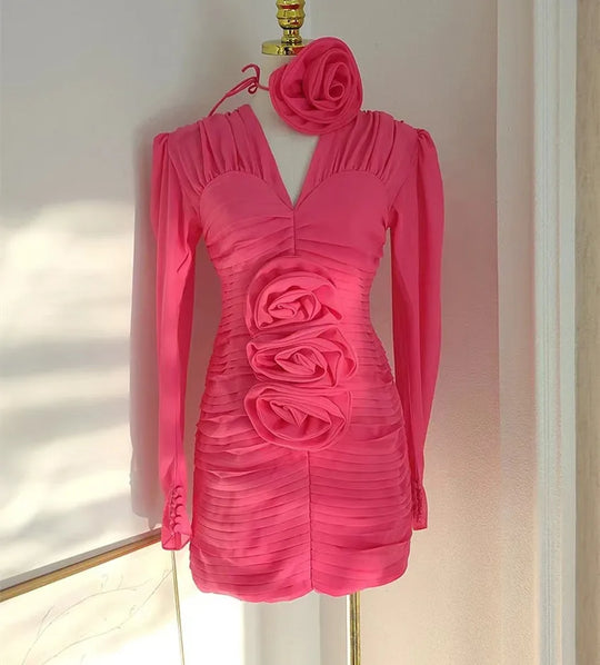 Heidi-Mode | Neue Französische Frühling 3D Rose Blume Chiffon Falten Mini Kleid Catwalk Frauen Sexy V-Ausschnitt Puffärmel Falten Slim Bodycon Festkleid