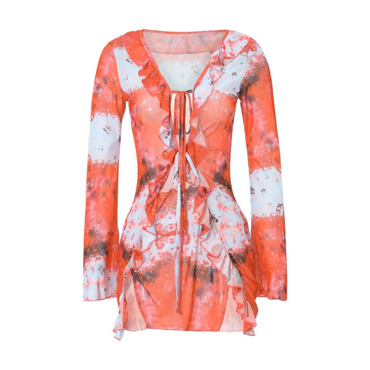 Heidi-Mode | Frauen Mini Kleid Langarm Schnürung Tie Dye Print Patchwork Strapazierfähiges Bodycon Kleid für Club Party