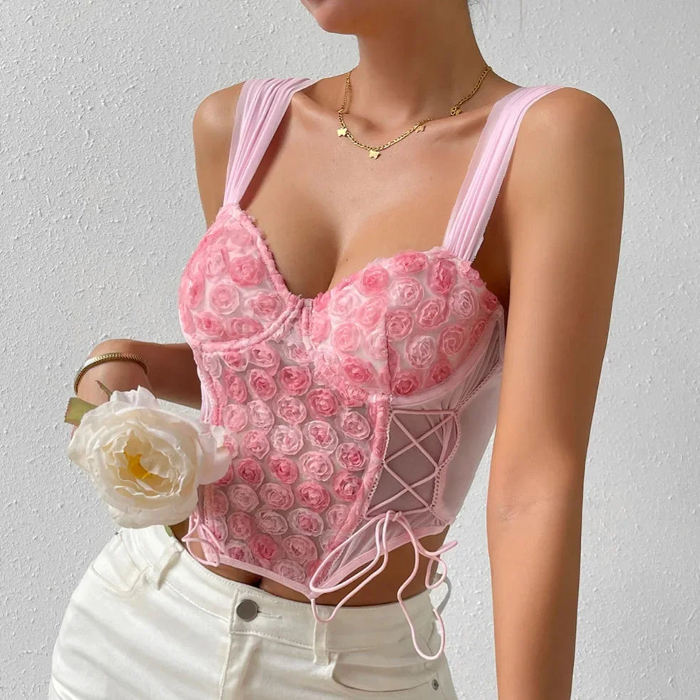 Heidi-Mode | Pink Floral Crop Top Schnür Sexy Korsett Top Sommer Romantisch Rückenfrei Tank Tops Weste Frauen Weste Gecröpft Cami Top Festival Tank