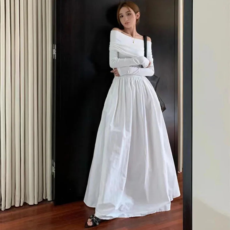 Heidi-Mode | Schwarz Elegant Slash Neck Lange Kleid Frauen Y2K Frühling Koreanisch Sexy Off Shoulder Lange Ärmel Kleid Mode Alle Match Festkleider
