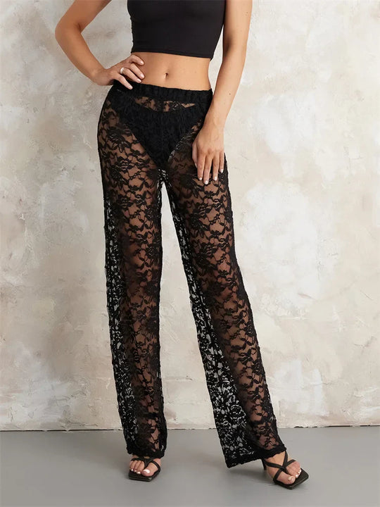 Heidi-Mode | Damen Transparente Spitzenhose Hohe Taille Breite Bein Flare Hose Bell Bottoms Club Strand Sexy Hose Streetwear