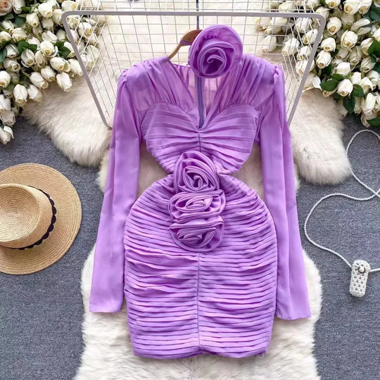 Heidi-Mode | Neue Französische Frühling 3D Rose Blume Chiffon Falten Mini Kleid Catwalk Frauen Sexy V-Ausschnitt Puffärmel Falten Slim Bodycon Festkleid