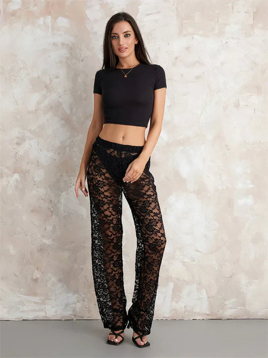 Heidi-Mode | Damen Transparente Spitzenhose Hohe Taille Breite Bein Flare Hose Bell Bottoms Club Strand Sexy Hose Streetwear