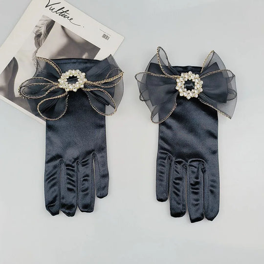 Heidi-Mode | Weinlese Schwarze Kurze Satin Hepburnhandschuhe