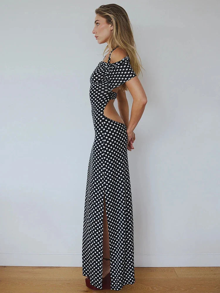 Heidi-Mode | Off Shoulder Polka Dot Maxi Kleid für Frauen Gown Fashion Halter Ärmellos Rückenfrei Bodycon Schlitz Lang Kleid Elegant