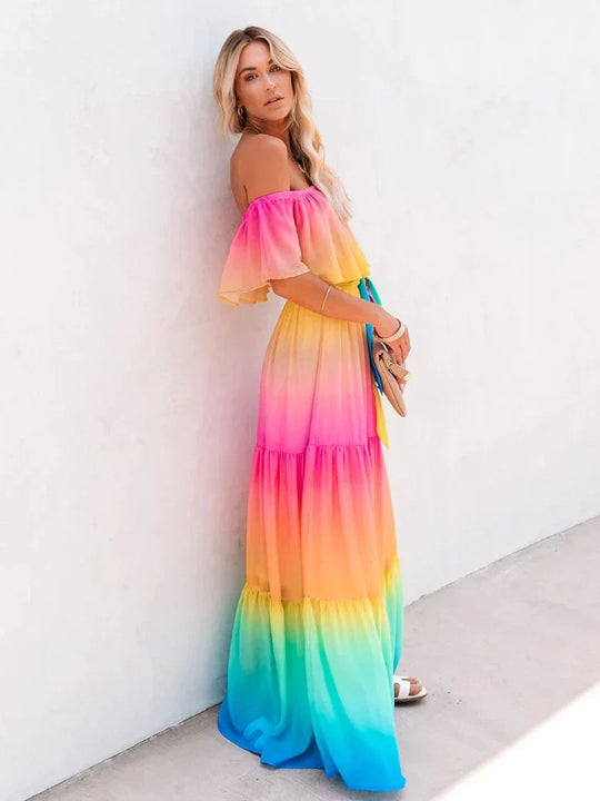 Heidi-Mode | Mehrfarbig Bohemian Rüsch Off Shoulder Selbst Gürtelt Festkleid Baumwolle Tunika Frauen Boho Maxi Kleider Vestidos A324