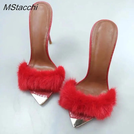 Heidi-Mode | Sommer Furry Mules Schuhe Peep Toe Dünne Absätze Slippers Frauen Sxy Metall Dekoration Spitz Zehe Gladiator Sandalen Fest Stiletto