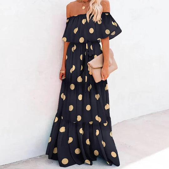 Heidi-Mode | Mehrfarbig Bohemian Rüsch Off Shoulder Selbst Gürtelt Festkleid Baumwolle Tunika Frauen Boho Maxi Kleider Vestidos A324