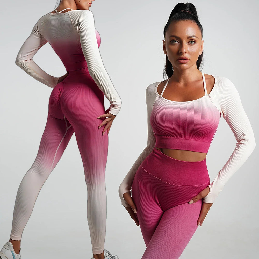 Heidi-Mode | Nahtlose Gradient Yoga Set Sport Fitness Hohe Taille Hip Lifting Hosen Langarm Anzüge Training Fitness Leggings Set für Frauen