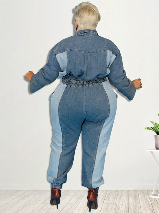Heidi-Mode | Lockerer Denim Jumpsuit mit langen Ärmeln in Übergröße