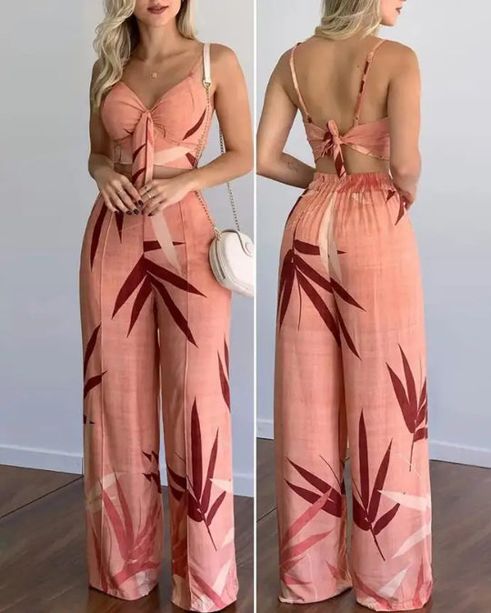 Heidi-Mode | Sommer Neu Frauen Anzug Sexy Ärmellos Rückenlos Frauen Kleidung Blattdruck Crop Top & Weite Hosen Set Lange Hosen 2 Teilig Set