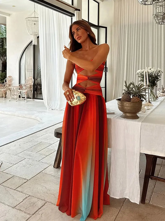 Heidi-Mode | Tie Dye Gradient Hulud Frauen Maxi Kleid Elegant Off Shoulder A-Linie Saum Lange Kleider Neu Sommer Ferien Frauen Robe