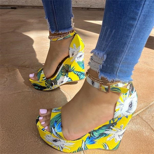 Heidi-Mode | Blumen Offene Zehen Hohe Keil Sandalen