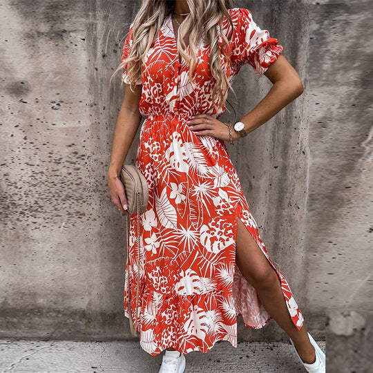 Heidi-Mode | Lässiges Maxikleid mit Seitenschlitz und Großem Blumenmuster Unten