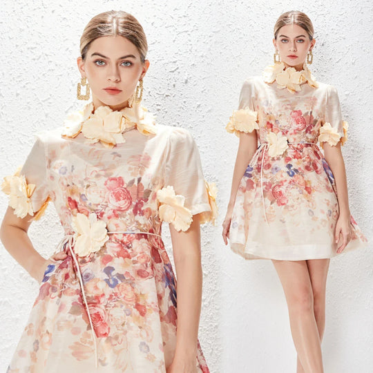 Heidi-Mode | Neue Damen Floral Mini Kleid Frühling Sommer Gedruckt Stehkragen Kurzarm Kleid Damen Urlaub Feier Vintage Kleider