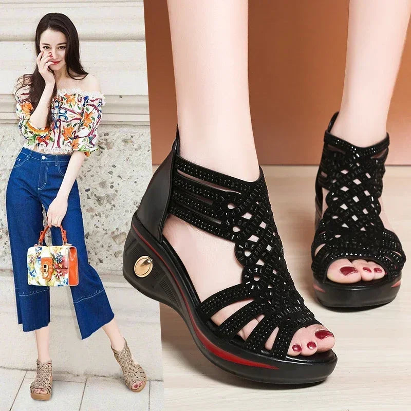 Heidi-Mode | Mode Wedge Sandalen Frauen Sommer Schuhe Elegante Damen Rom Huled Sandalen Female Sandalias Schwarze Wedge Sandalen