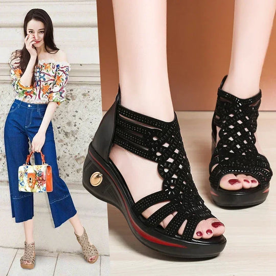 Heidi-Mode | Mode Wedge Sandalen Frauen Sommer Schuhe Elegante Damen Rom Huled Sandalen Female Sandalias Schwarze Wedge Sandalen