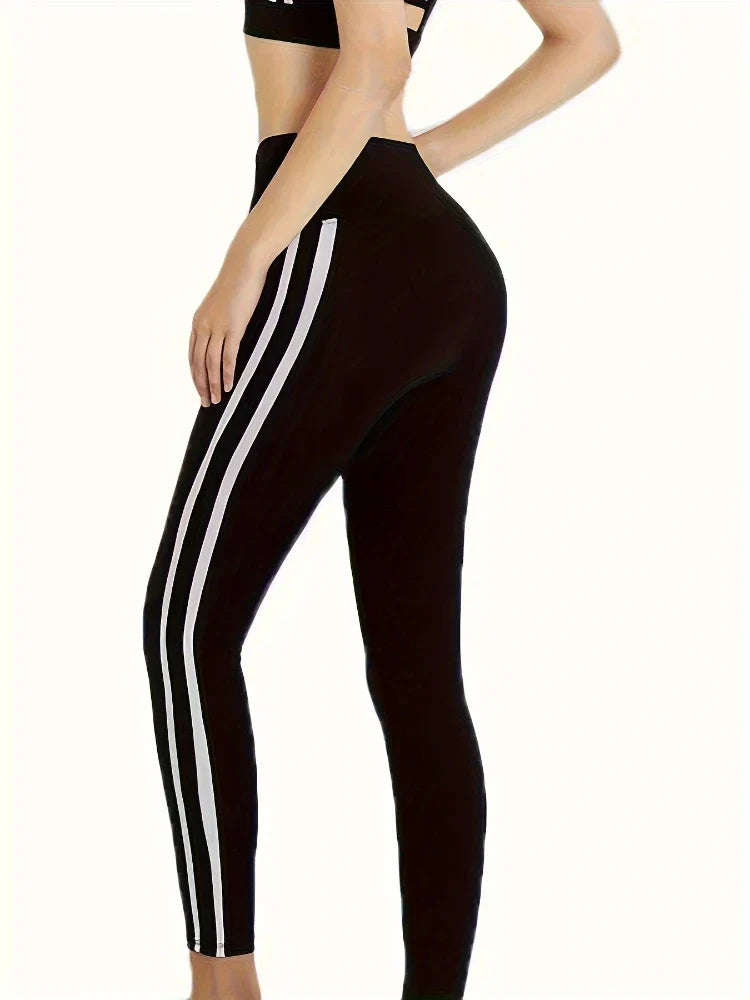 Heidi-Mode | Fashion Stripe Fitness Sport Leggings Koreanische Version Lange Gym Leggings mit Weißem Streifen Hochstretch Neu Damen Leggings Yt91006