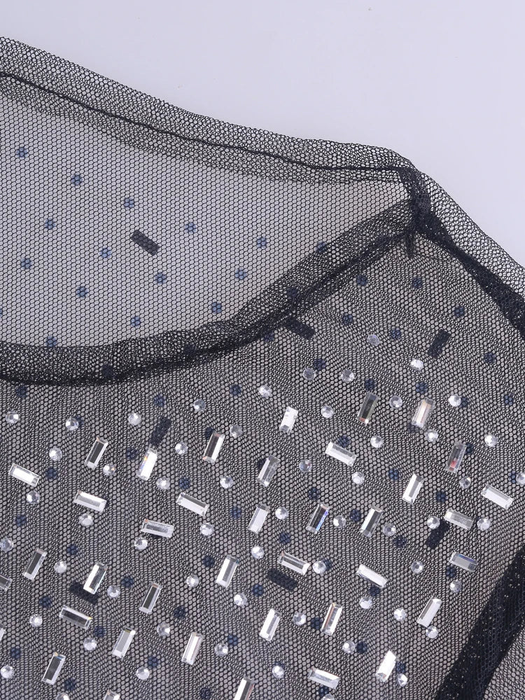 Heidi-Mode | Sheer Mesh Split Sparkle Strass Maxi Kleid mit langen Ärmeln für den besonderen Anlass